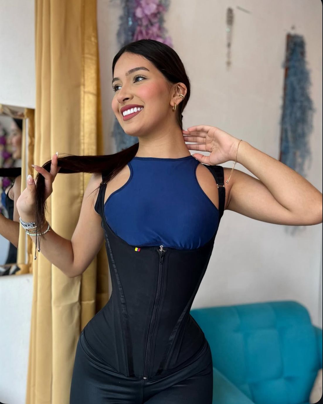 Chaleco reloj de arena de 9 varillas con broches y cremallera